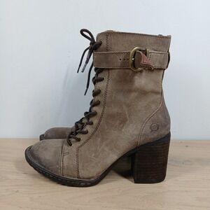 Born Boots Womens 6.5M Brown Leather Lace Up Block Heel Buckle Structured